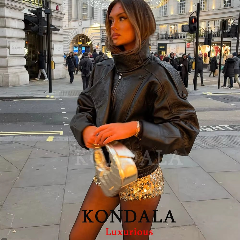 Casual Chic Black Leather Jackets Women Long Sleeve Buttons Elastic Oversized Coats Fashion 2026 Spring Streetwear Coats