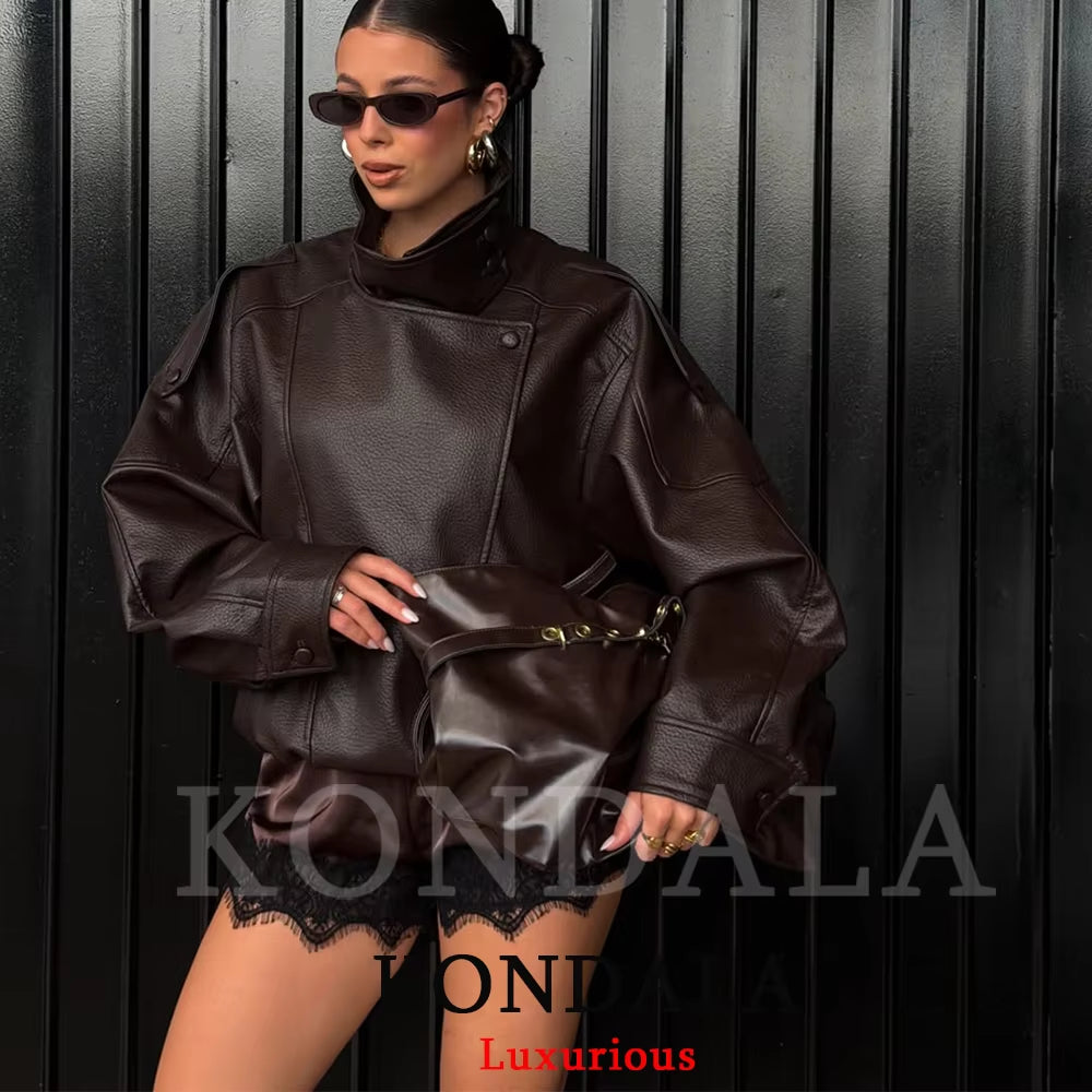 Casual Chic Black Leather Jackets Women Long Sleeve Buttons Elastic Oversized Coats Fashion 2026 Spring Streetwear Coats