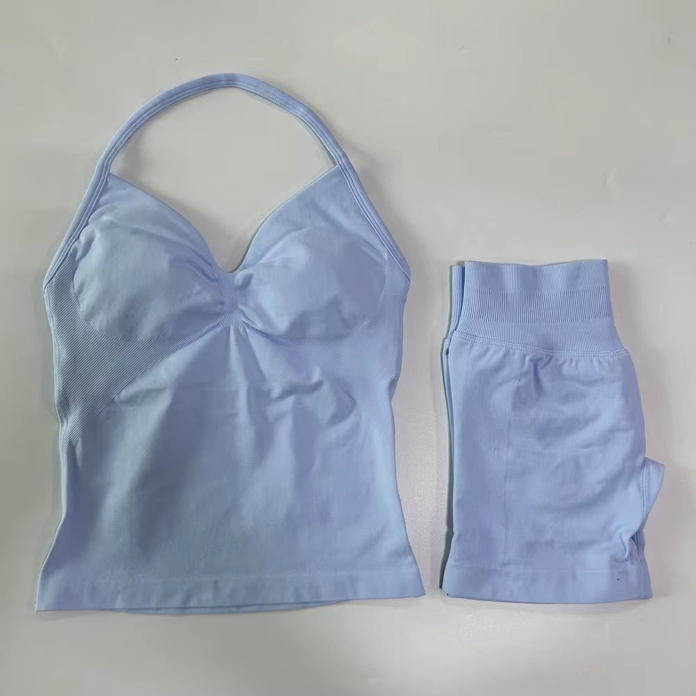 No Logo 2Pcs Gym Set Women Backless Tank Tops High Waist Scrunch Seamless Shorts Gym Suit Fitness Clothes Activewear Workout Set