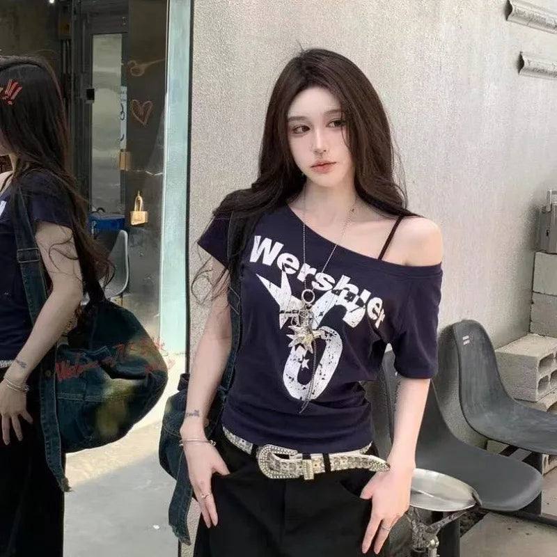 Y2K Sport Summer off Shoulder Top Women Sexy Vintage 2000S Short Sleeve T Shirt Lady Body Basic Crop Top Female Casual
