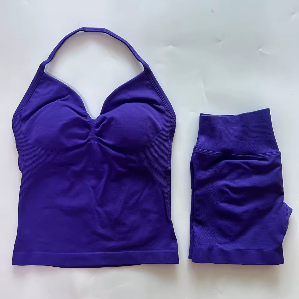 No Logo 2Pcs Gym Set Women Backless Tank Tops High Waist Scrunch Seamless Shorts Gym Suit Fitness Clothes Activewear Workout Set