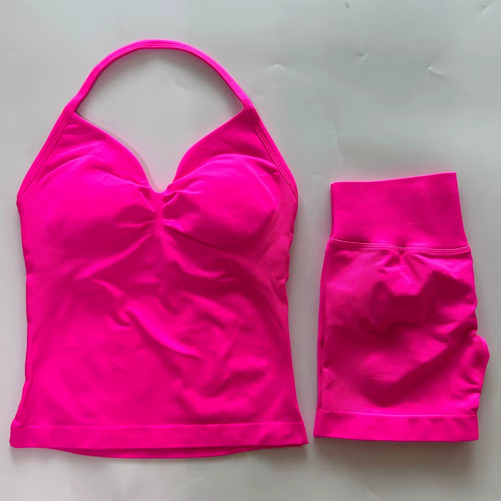 No Logo 2Pcs Gym Set Women Backless Tank Tops High Waist Scrunch Seamless Shorts Gym Suit Fitness Clothes Activewear Workout Set