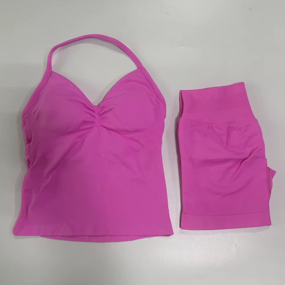 No Logo 2Pcs Gym Set Women Backless Tank Tops High Waist Scrunch Seamless Shorts Gym Suit Fitness Clothes Activewear Workout Set