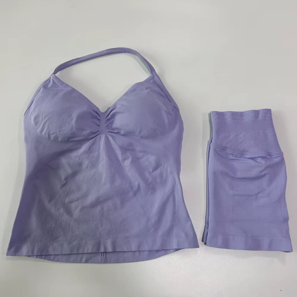 No Logo 2Pcs Gym Set Women Backless Tank Tops High Waist Scrunch Seamless Shorts Gym Suit Fitness Clothes Activewear Workout Set