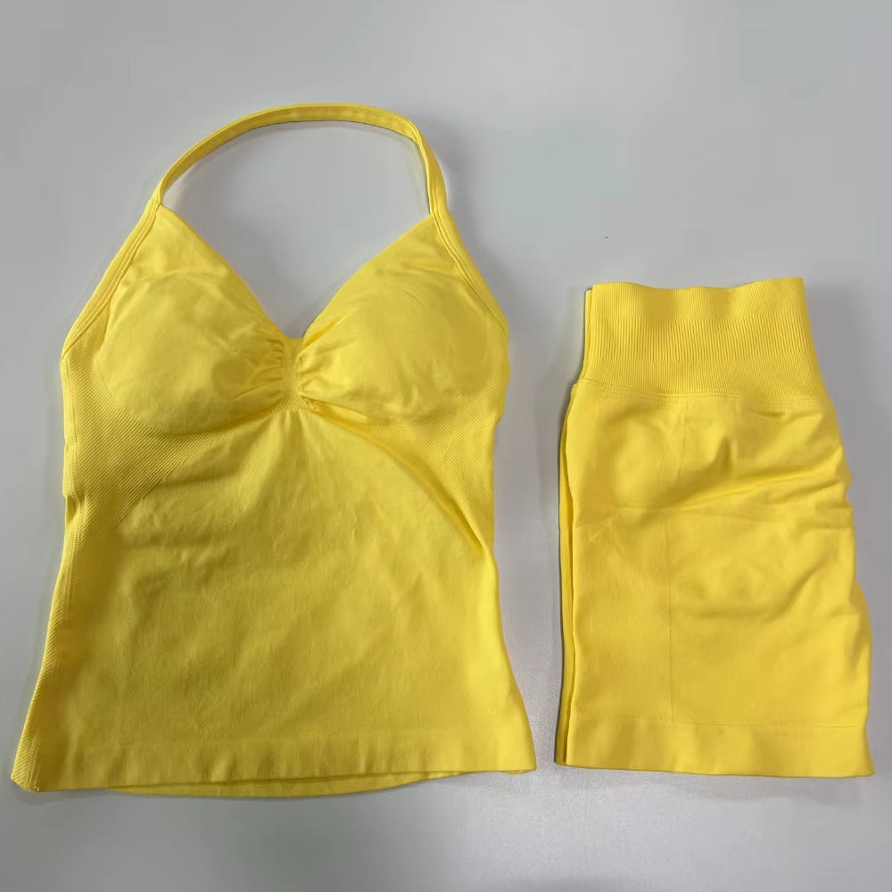 No Logo 2Pcs Gym Set Women Backless Tank Tops High Waist Scrunch Seamless Shorts Gym Suit Fitness Clothes Activewear Workout Set