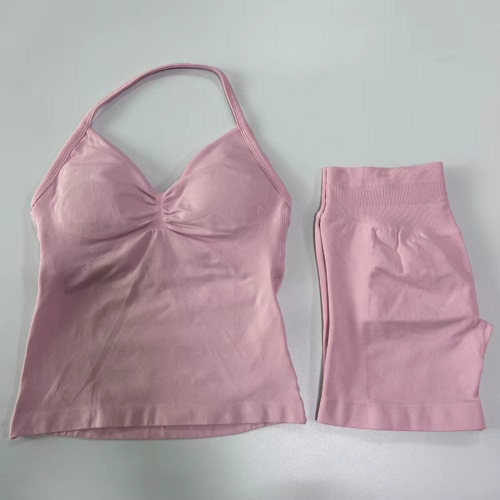 No Logo 2Pcs Gym Set Women Backless Tank Tops High Waist Scrunch Seamless Shorts Gym Suit Fitness Clothes Activewear Workout Set
