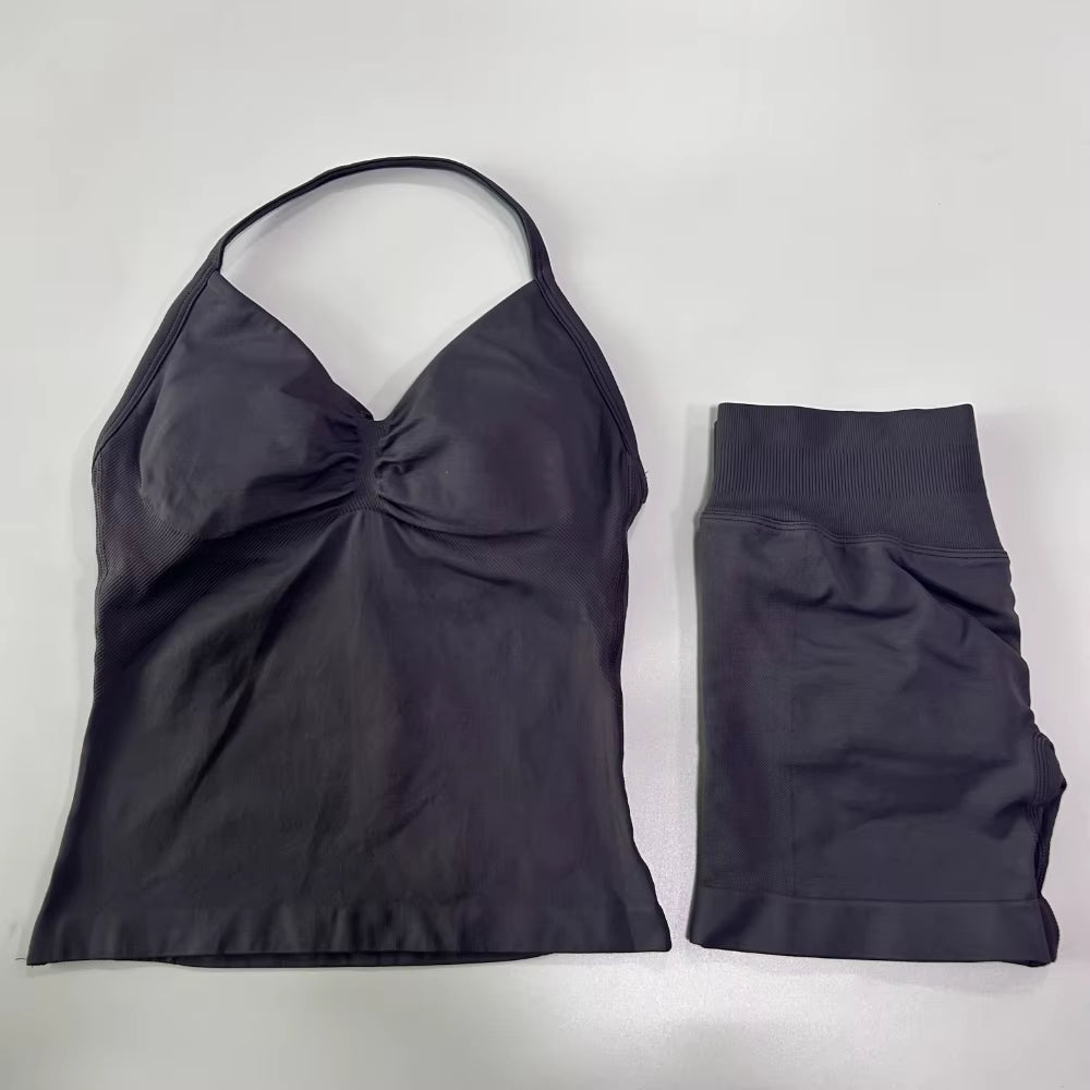 No Logo 2Pcs Gym Set Women Backless Tank Tops High Waist Scrunch Seamless Shorts Gym Suit Fitness Clothes Activewear Workout Set