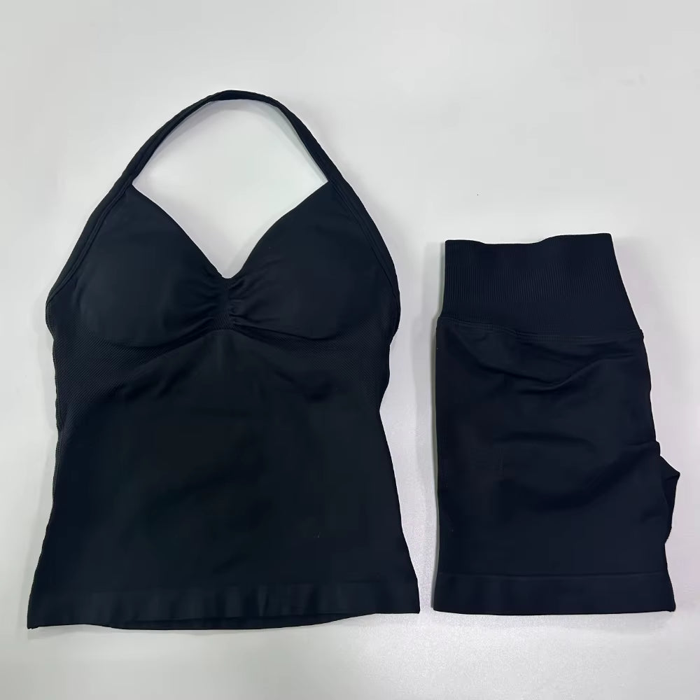 No Logo 2Pcs Gym Set Women Backless Tank Tops High Waist Scrunch Seamless Shorts Gym Suit Fitness Clothes Activewear Workout Set