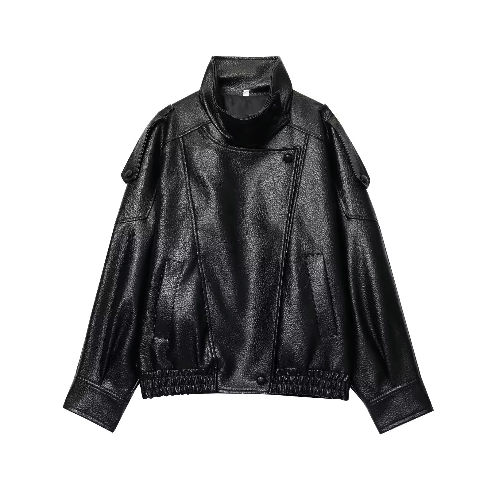 TFMLN Chic Black Faux Leather Jackets Women Long Sleeve Buttons Elastic Oversized Coats Fashion 2025 Autumn Winter Streetwear