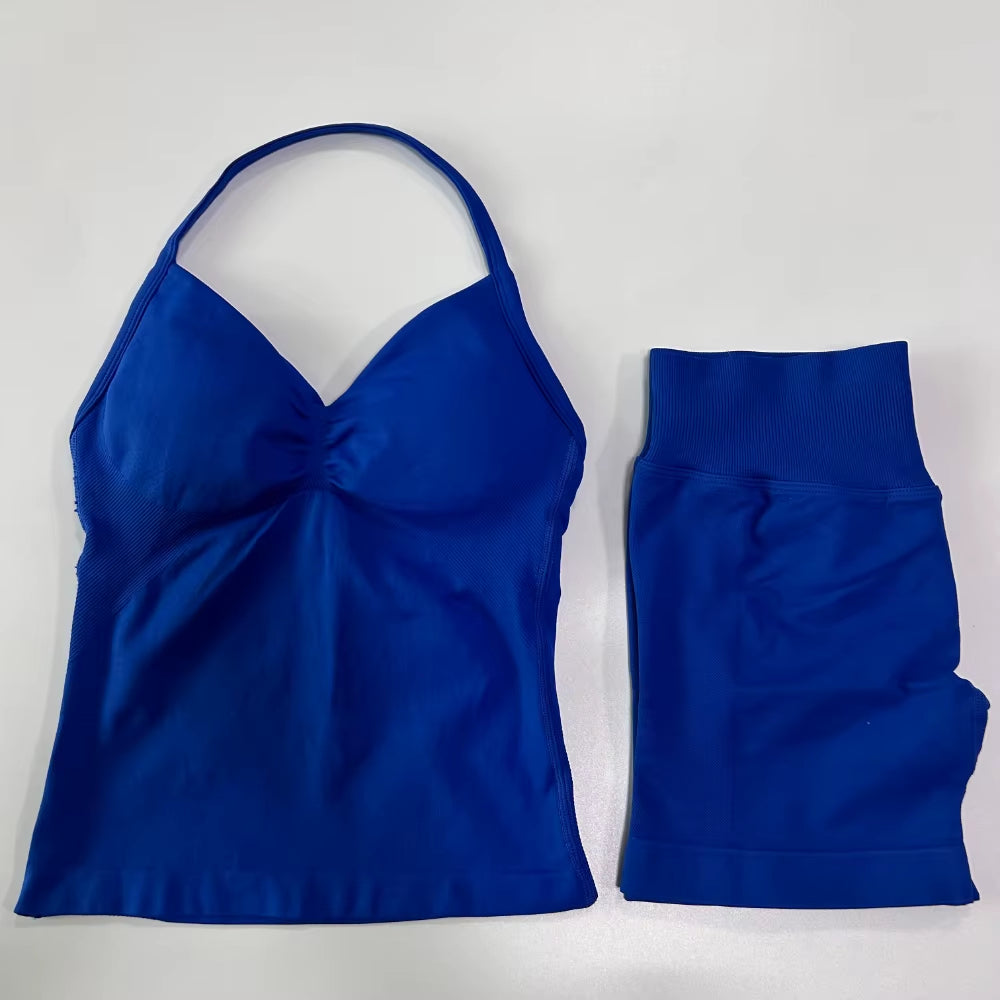 No Logo 2Pcs Gym Set Women Backless Tank Tops High Waist Scrunch Seamless Shorts Gym Suit Fitness Clothes Activewear Workout Set