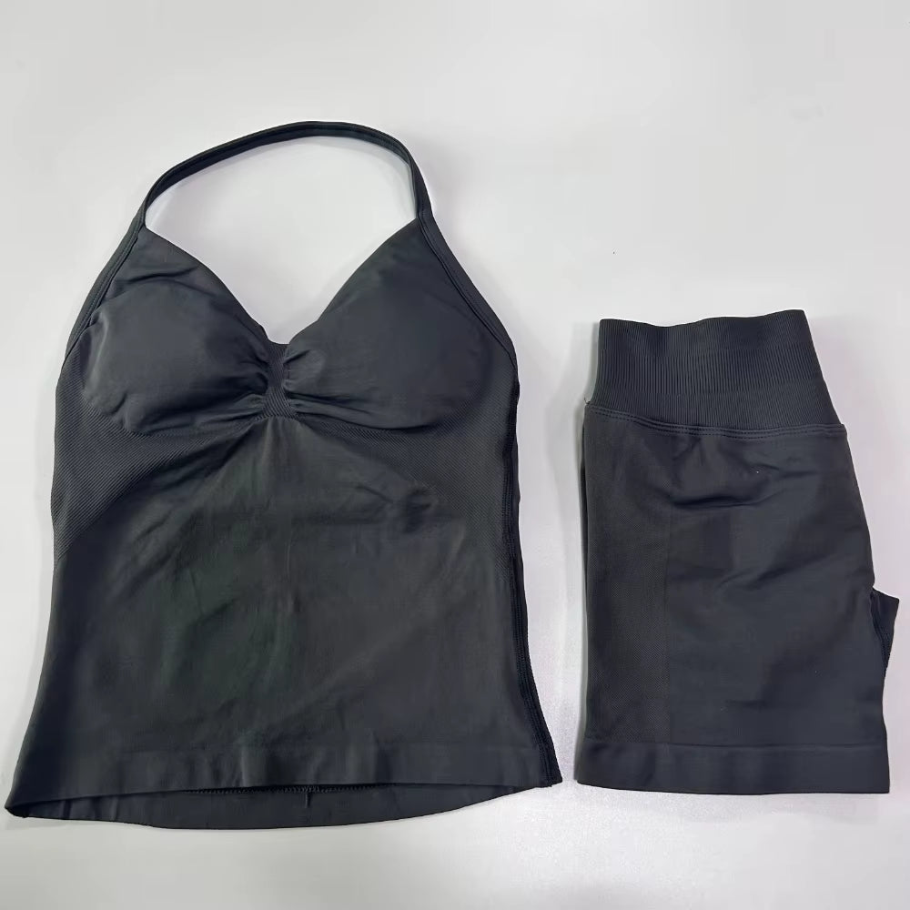 No Logo 2Pcs Gym Set Women Backless Tank Tops High Waist Scrunch Seamless Shorts Gym Suit Fitness Clothes Activewear Workout Set