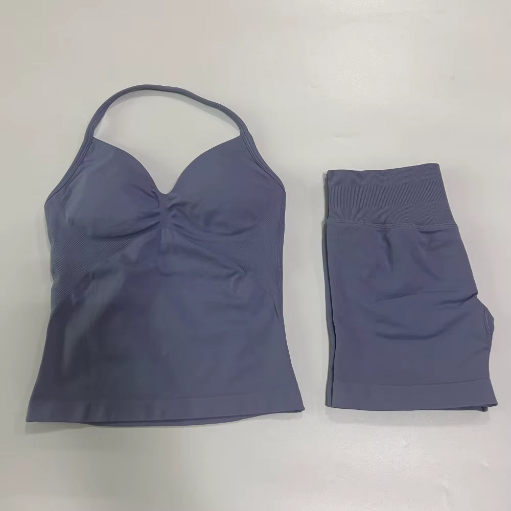 No Logo 2Pcs Gym Set Women Backless Tank Tops High Waist Scrunch Seamless Shorts Gym Suit Fitness Clothes Activewear Workout Set