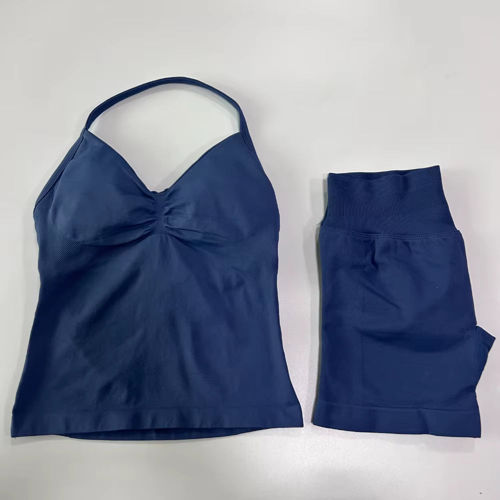 No Logo 2Pcs Gym Set Women Backless Tank Tops High Waist Scrunch Seamless Shorts Gym Suit Fitness Clothes Activewear Workout Set