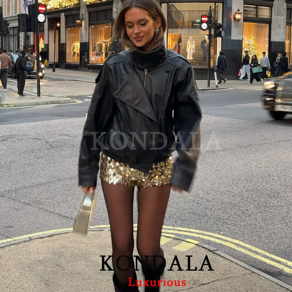 Casual Chic Black Leather Jackets Women Long Sleeve Buttons Elastic Oversized Coats Fashion 2026 Spring Streetwear Coats