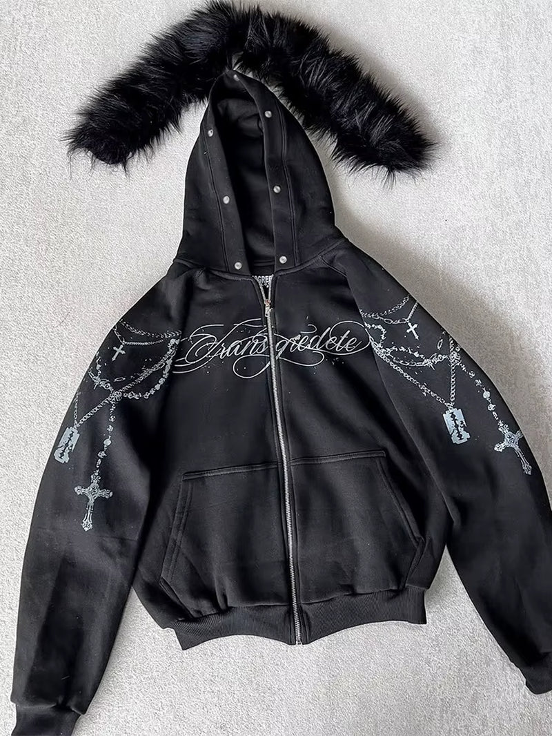 Winter Fashion Streetwear Women'S Gothic Punk Faux Fur Hooded Jacket with Cross Print Trendy Edgy Zip - up Sweatshirt 2026 New