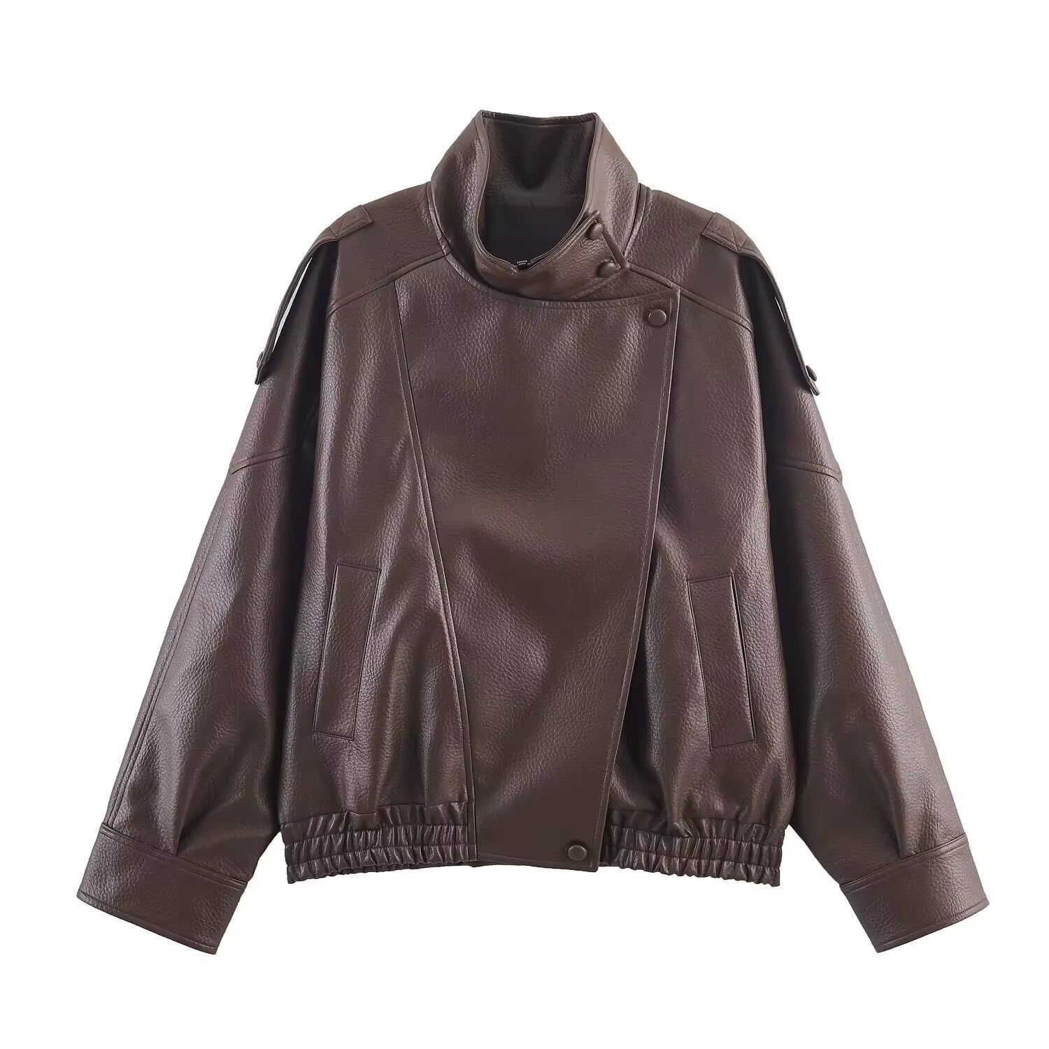 Casual Chic Black Leather Jackets Women Long Sleeve Buttons Elastic Oversized Coats Fashion 2026 Spring Streetwear Coats