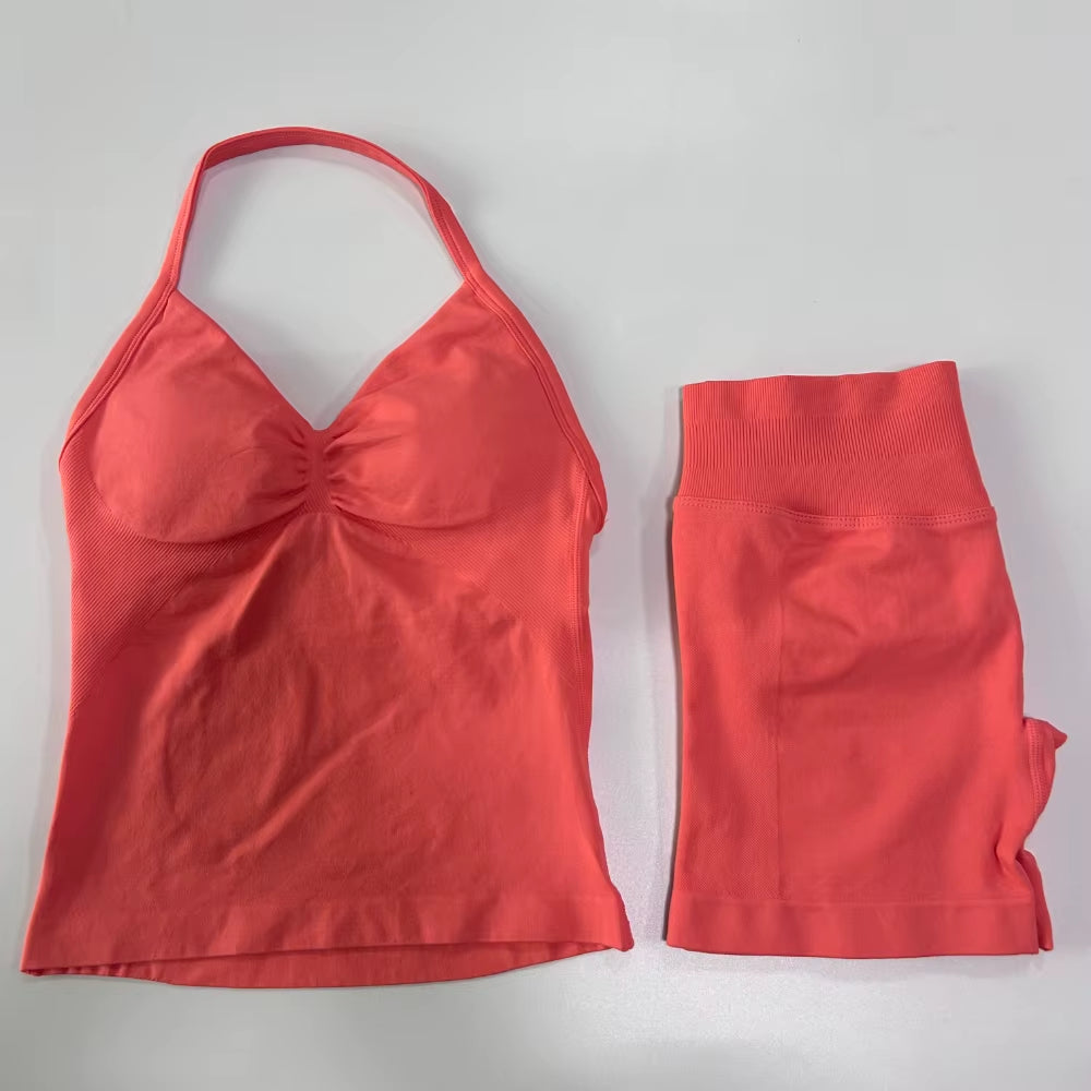 No Logo 2Pcs Gym Set Women Backless Tank Tops High Waist Scrunch Seamless Shorts Gym Suit Fitness Clothes Activewear Workout Set