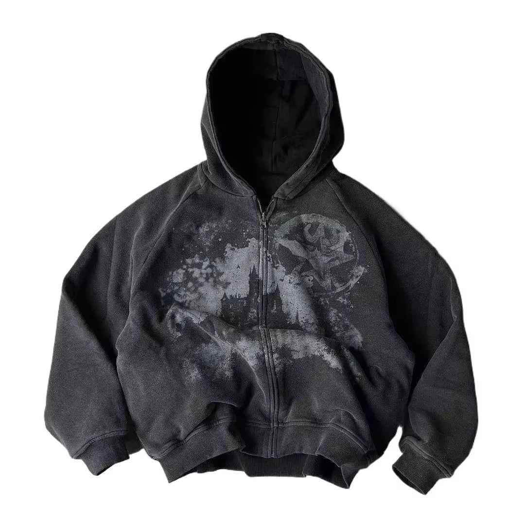 American Y2K New Hip Hop Trend Zipper Hoodie Women Street Casual Loose Joker Vintage Sweatshirt Unisex Fleece Padded Warm Hoodie