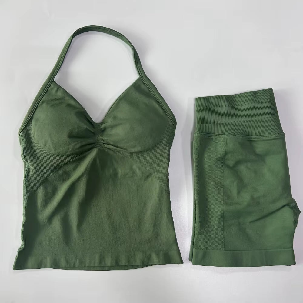No Logo 2Pcs Gym Set Women Backless Tank Tops High Waist Scrunch Seamless Shorts Gym Suit Fitness Clothes Activewear Workout Set