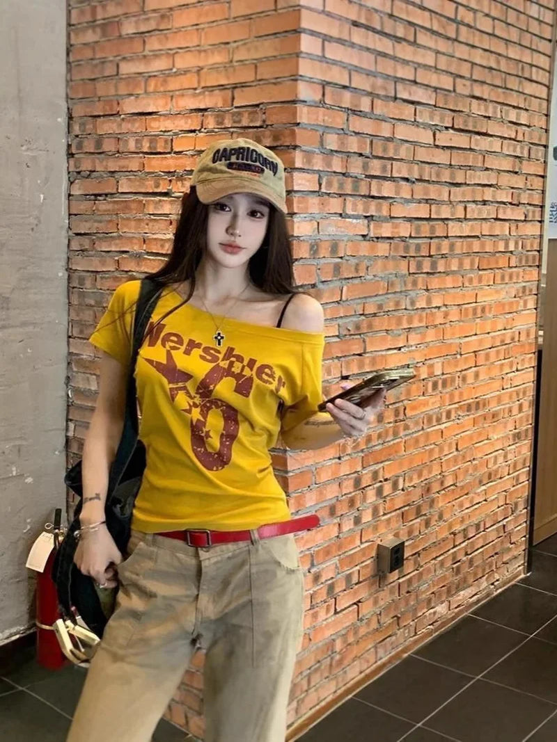 Y2K Sport Summer off Shoulder Top Women Sexy Vintage 2000S Short Sleeve T Shirt Lady Body Basic Crop Top Female Casual
