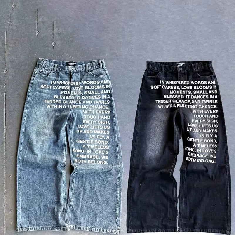 Y2K Men Jeans Vintage American Pattern Letter Jeans Streetwear Gothic Harajuku Hip Hop Men Women Fashion Casual Wide Leg Jeans