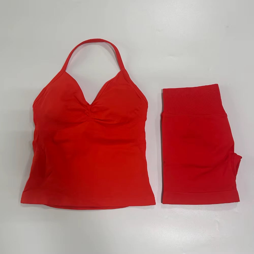 No Logo 2Pcs Gym Set Women Backless Tank Tops High Waist Scrunch Seamless Shorts Gym Suit Fitness Clothes Activewear Workout Set