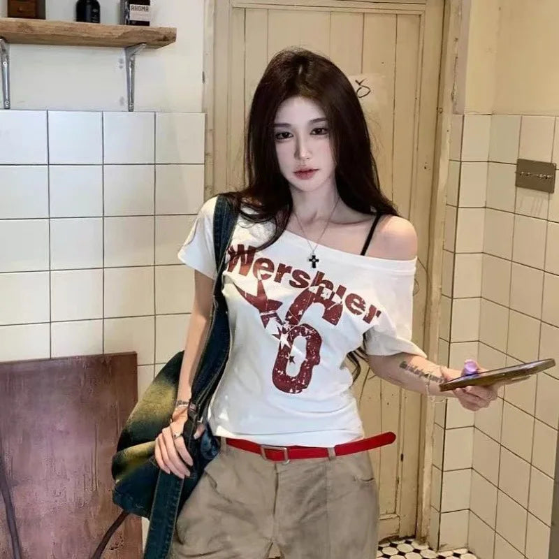 Y2K Sport Summer off Shoulder Top Women Sexy Vintage 2000S Short Sleeve T Shirt Lady Body Basic Crop Top Female Casual