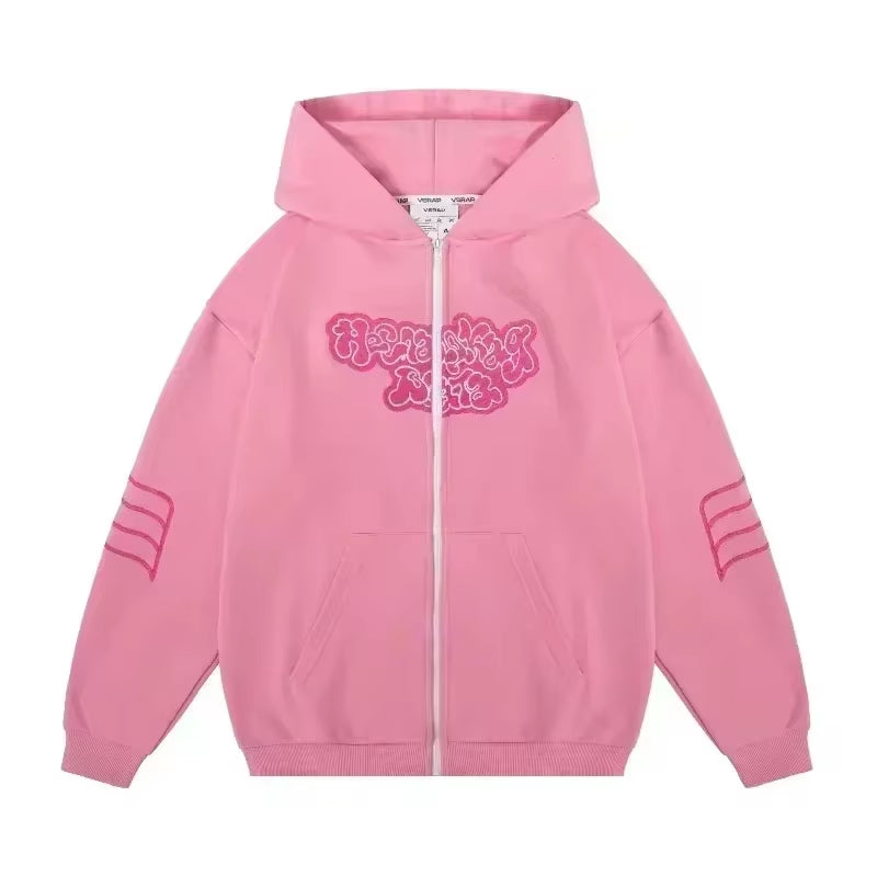 American Y2K New Hip Hop Trend Zipper Hoodie Women Street Casual Loose Joker Vintage Sweatshirt Unisex Fleece Padded Warm Hoodie