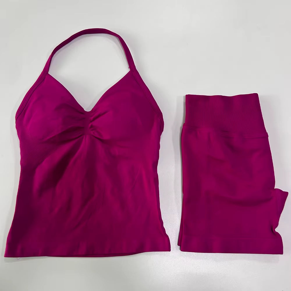 No Logo 2Pcs Gym Set Women Backless Tank Tops High Waist Scrunch Seamless Shorts Gym Suit Fitness Clothes Activewear Workout Set