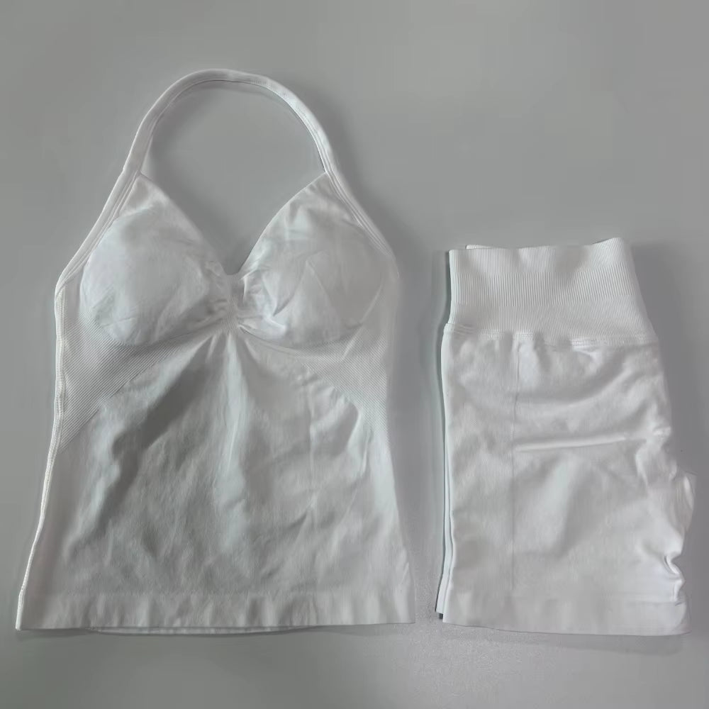 No Logo 2Pcs Gym Set Women Backless Tank Tops High Waist Scrunch Seamless Shorts Gym Suit Fitness Clothes Activewear Workout Set