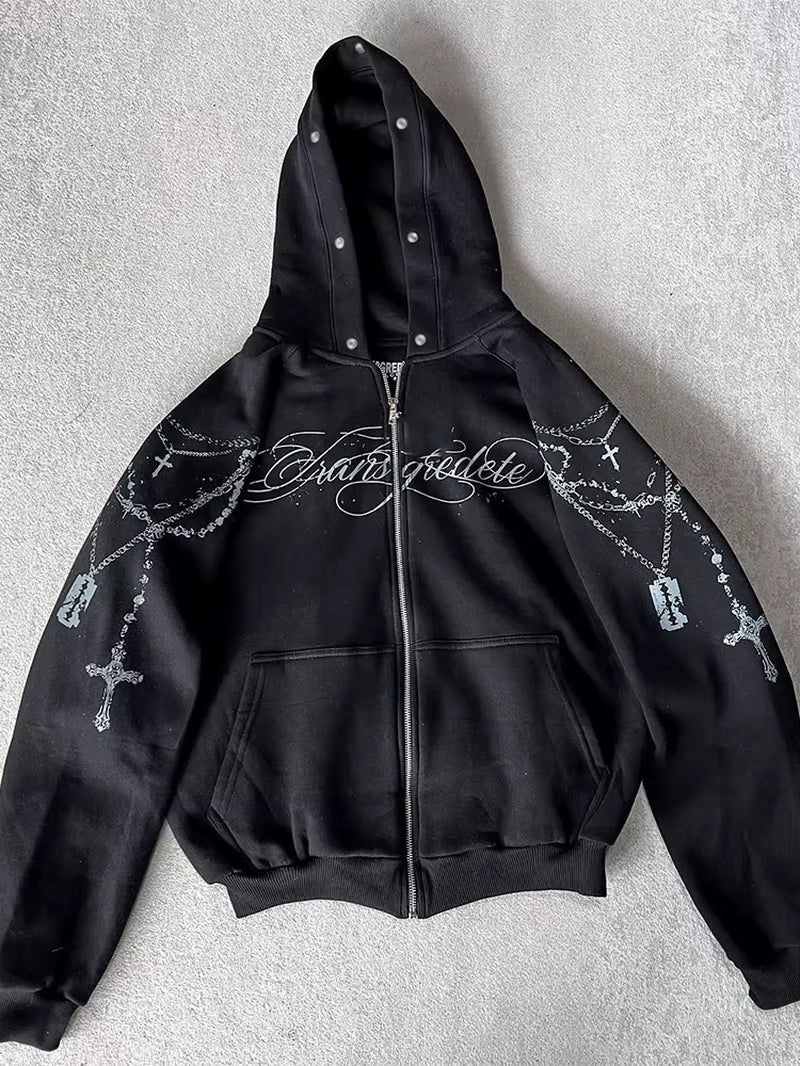 Winter Fashion Streetwear Women'S Gothic Punk Faux Fur Hooded Jacket with Cross Print Trendy Edgy Zip - up Sweatshirt 2026 New