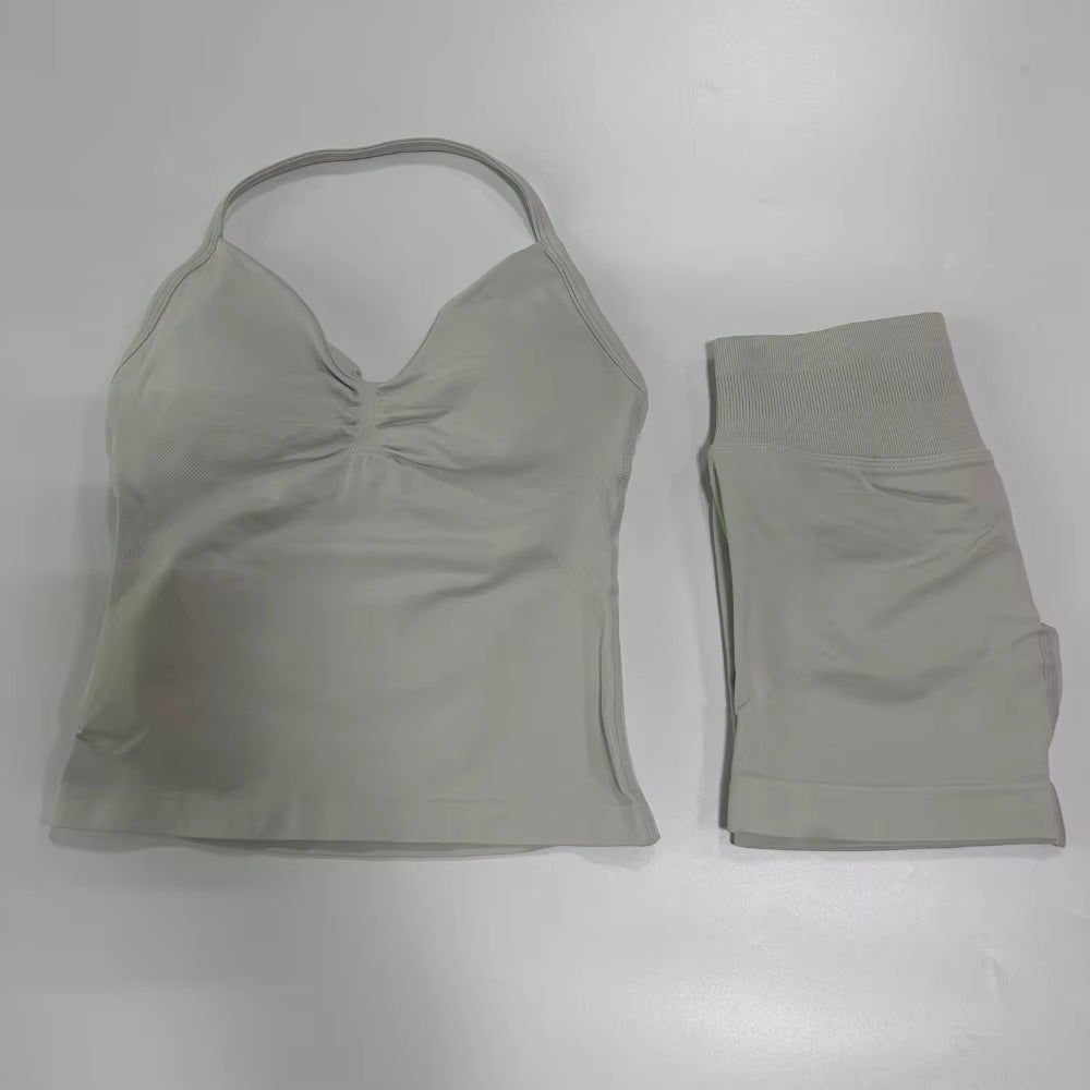 No Logo 2Pcs Gym Set Women Backless Tank Tops High Waist Scrunch Seamless Shorts Gym Suit Fitness Clothes Activewear Workout Set