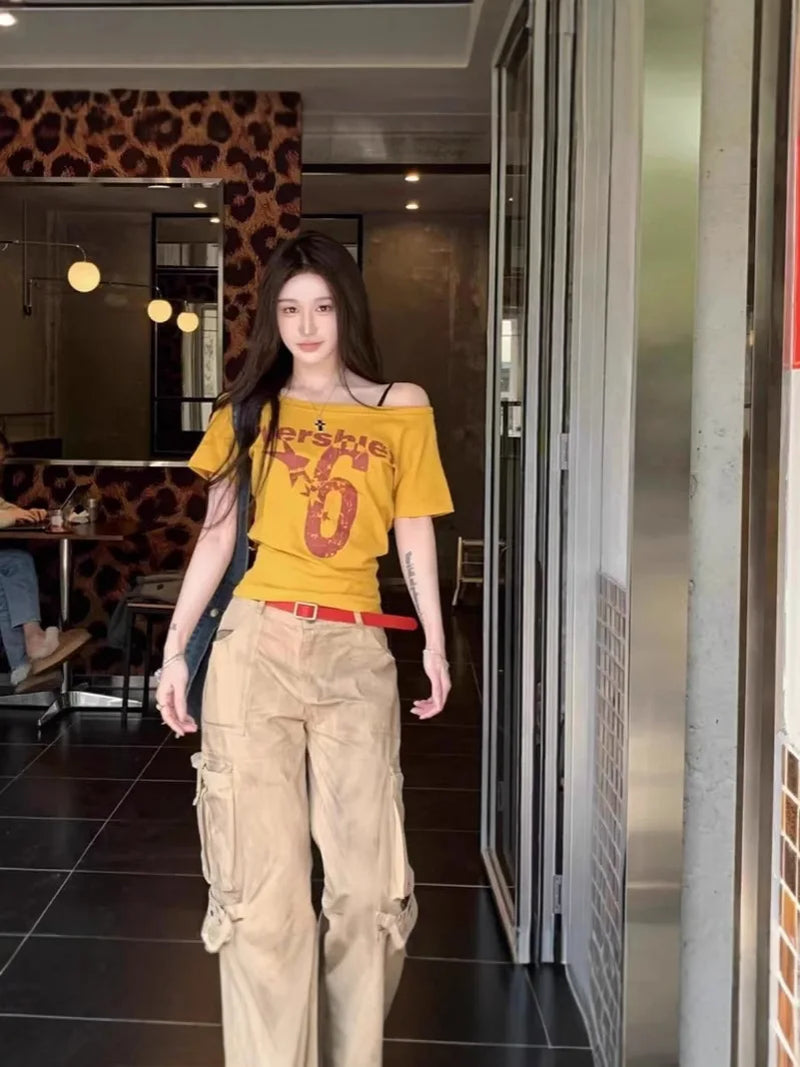 Y2K Sport Summer off Shoulder Top Women Sexy Vintage 2000S Short Sleeve T Shirt Lady Body Basic Crop Top Female Casual