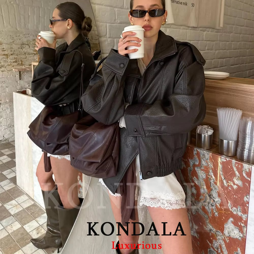 Casual Chic Black Leather Jackets Women Long Sleeve Buttons Elastic Oversized Coats Fashion 2026 Spring Streetwear Coats