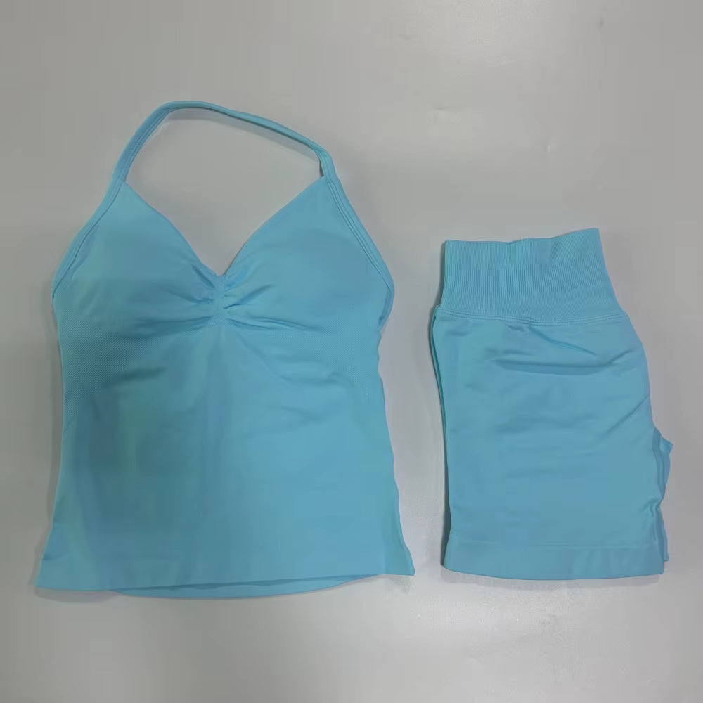 No Logo 2Pcs Gym Set Women Backless Tank Tops High Waist Scrunch Seamless Shorts Gym Suit Fitness Clothes Activewear Workout Set