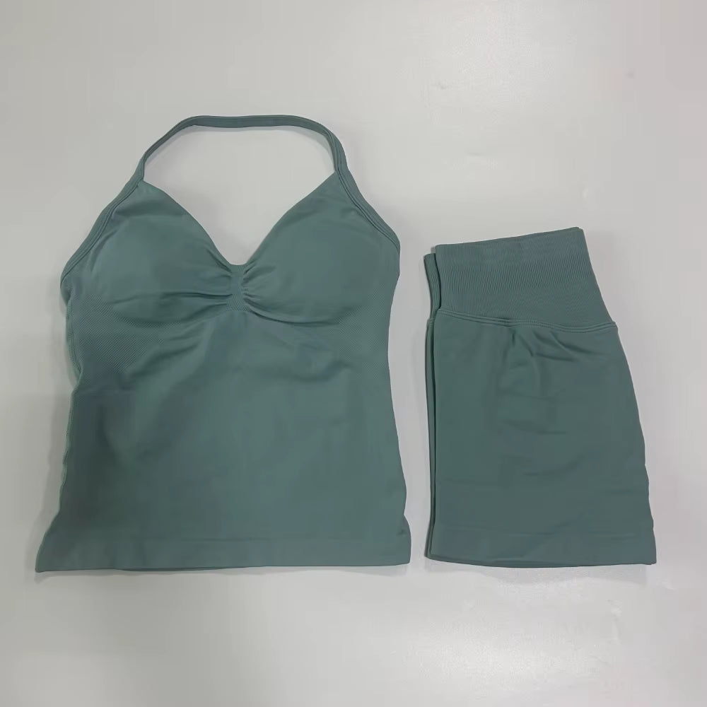 No Logo 2Pcs Gym Set Women Backless Tank Tops High Waist Scrunch Seamless Shorts Gym Suit Fitness Clothes Activewear Workout Set